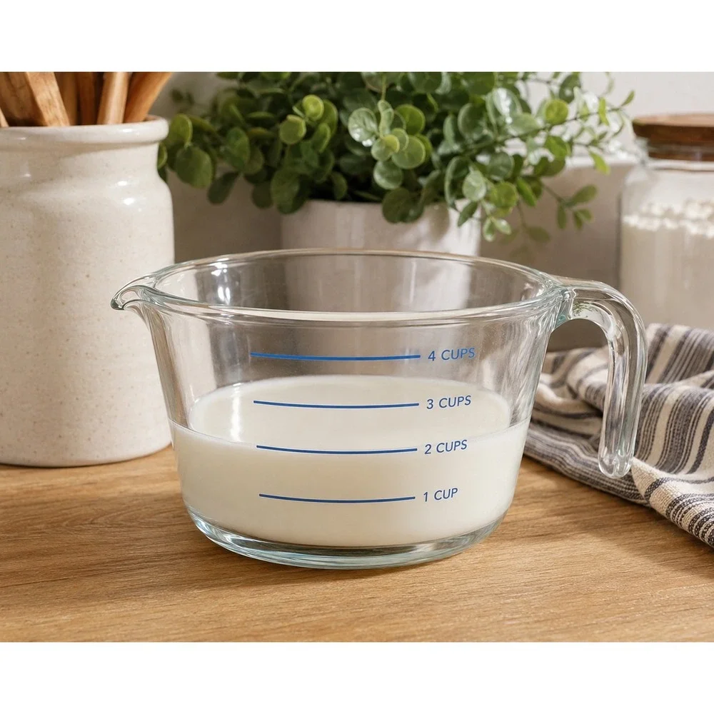 Pyrex Measuring Cup M-320 4 Cup 1 Quart Clear Blue Good Vintage USA Glass